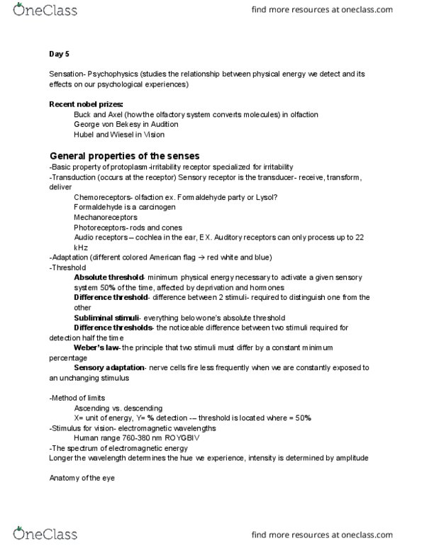 PSYC 1004 Lecture Notes - Lecture 5: Subliminal Stimuli, Absolute Threshold, Roygbiv thumbnail