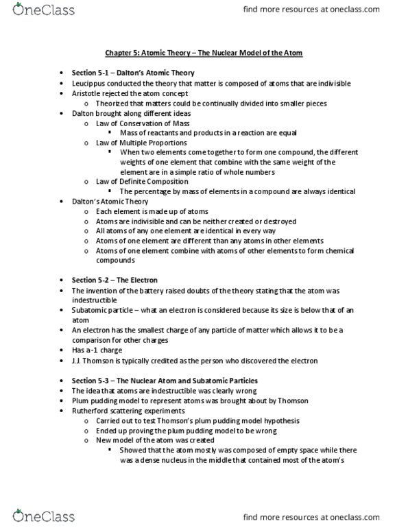 CHM 109 Chapter Notes - Chapter 5: Plum Pudding Model, Subatomic Particle, Rutherford Scattering thumbnail