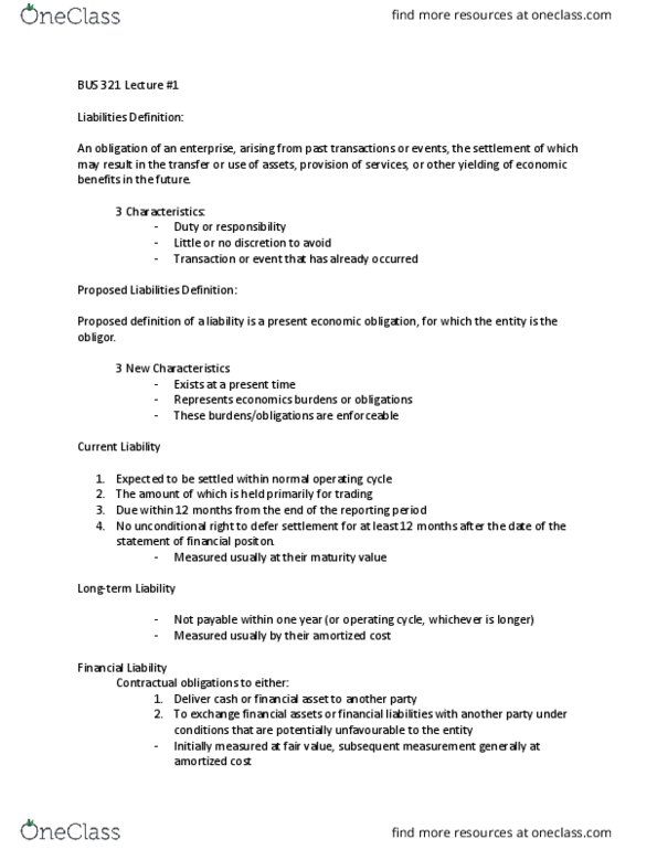 BUS 321 Lecture Notes - Lecture 1: Current Liability, Contract, London Agreement On German External Debts thumbnail