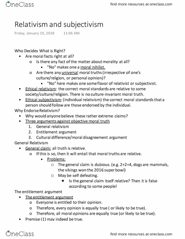 PHL 292 Lecture Notes - Lecture 2: Ethical Subjectivism, Cultural Relativism, Relativism thumbnail