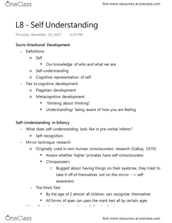 PSYCH 2AA3 Lecture 8: L8 - Self Understanding thumbnail