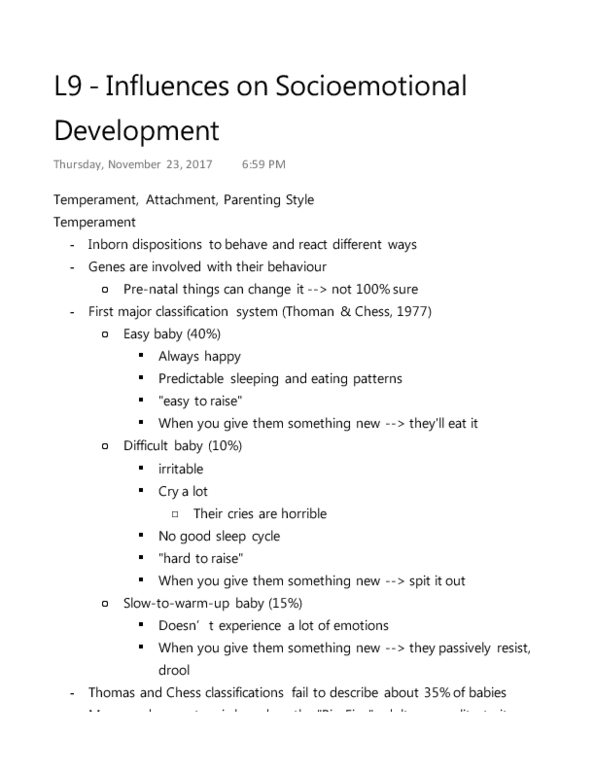 PSYCH 2AA3 Lecture 9: L9 - Influences on Socioemotional Development thumbnail