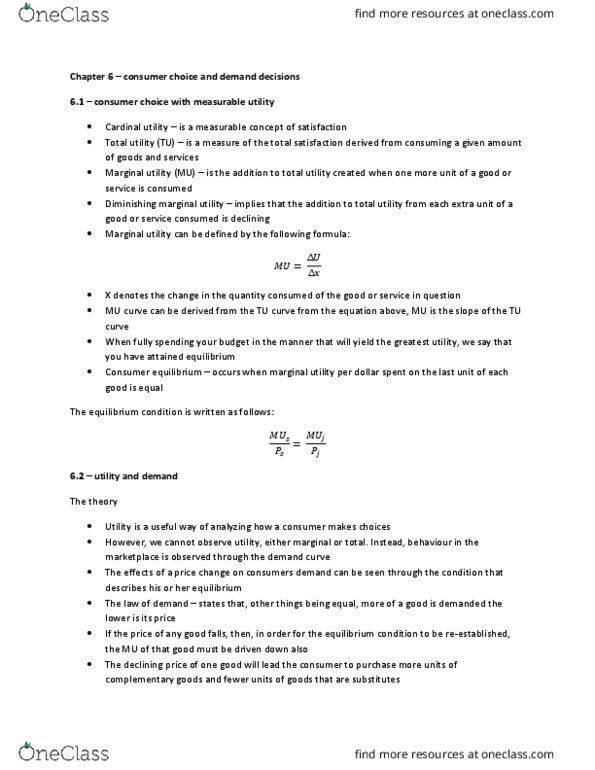 ECON 201 Lecture Notes - Lecture 6: Marginal Utility, Cardinal Utility, Demand Curve thumbnail