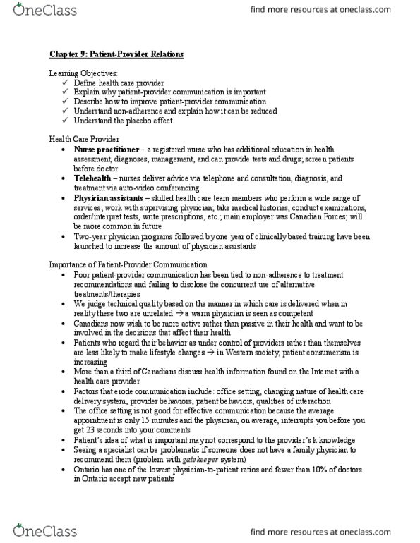 Psychology 2036A/B Lecture Notes - Lecture 9: Nurse Practitioner, Registered Nurse, Telehealth thumbnail