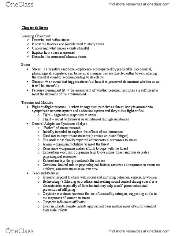 Psychology 2036A/B Lecture Notes - Lecture 6: Threat Assessment, Sympathetic Nervous System, Adrenal Cortex thumbnail