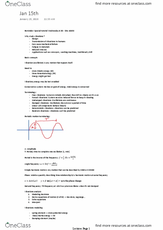 MCG 4308 Lecture Notes - Lecture 3: Damping Ratio, Natural Frequency, Kinetic Energy thumbnail