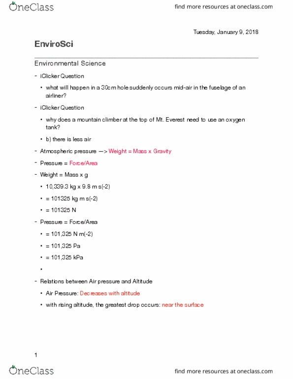 ENVIRSC 1A03 Lecture Notes - Lecture 3: Density Of Air, Ideal Gas Law, Atmospheric Pressure thumbnail