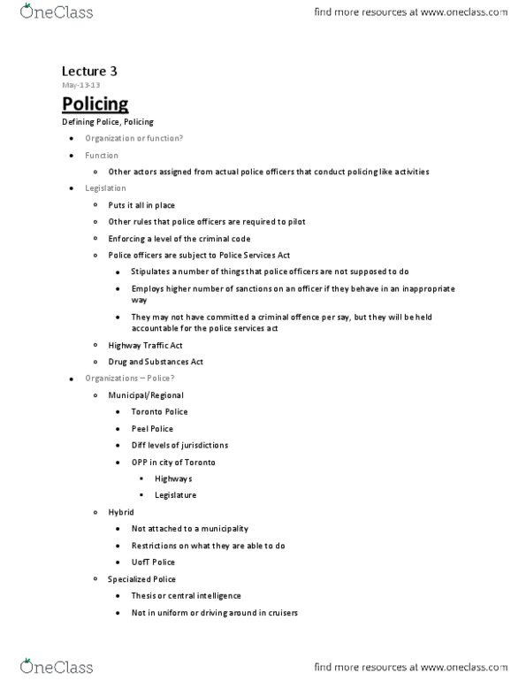 SOC219H5 Lecture Notes - Lecture 3: Police Services Act Of Ontario, Toronto Police Service, Sunshine List thumbnail