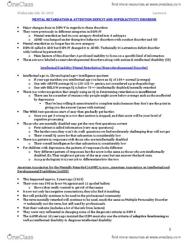 PSY341H5 Lecture Notes - Lecture 6: Intellectual Disability, Dsm-Iv Codes, Dissociative Identity Disorder thumbnail