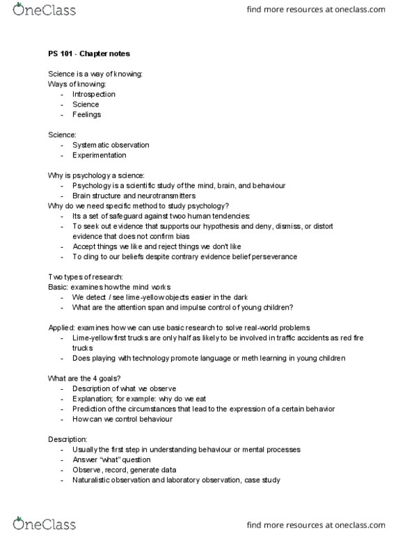 PS101 Lecture Notes - Lecture 2: Observer-Expectancy Effect, Age 13, Belief Perseverance thumbnail