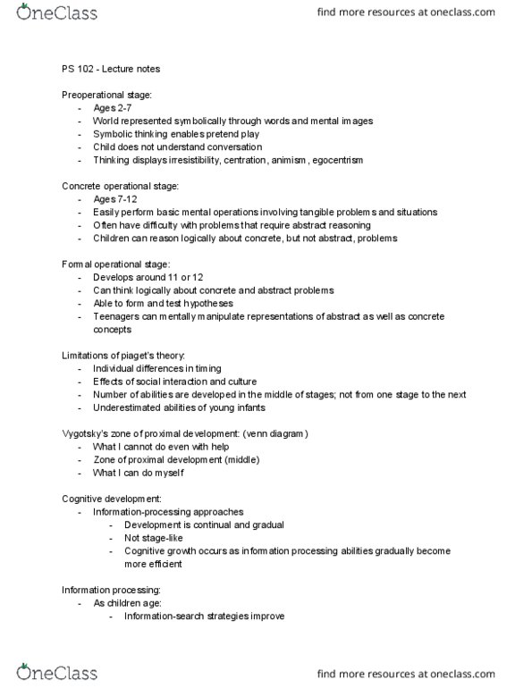 PS102 Lecture Notes - Lecture 3: Information Processing, Attachment Theory, Cognitive Development thumbnail