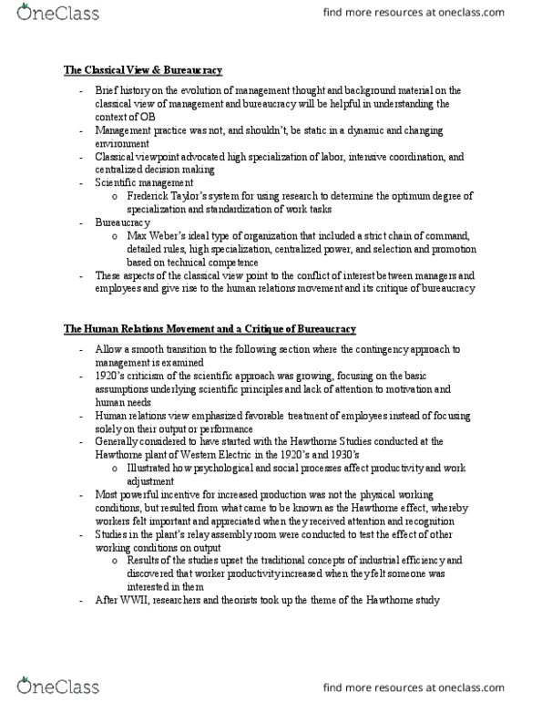 BUSI 3310 Lecture Notes - Lecture 7: Henry Mintzberg, Western Electric, Scientific Management thumbnail