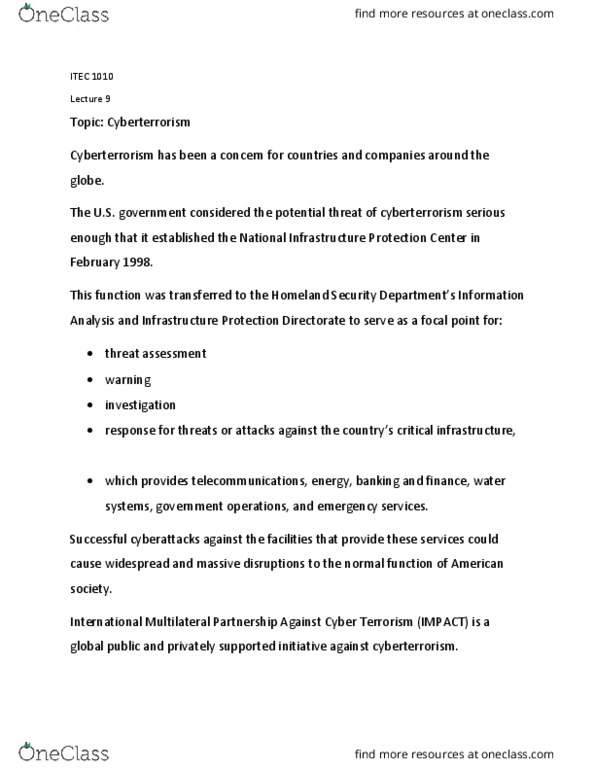 ITEC 1010 Lecture Notes - Lecture 9: Threat Assessment, Cyberterrorism thumbnail