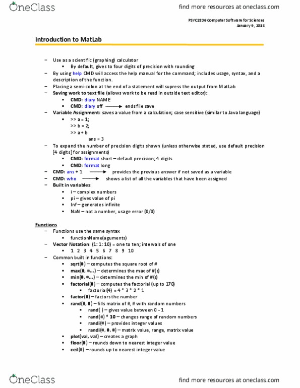 COSC-2836EL Lecture Notes - Lecture 1: Matlab, Text Editor, Nan thumbnail