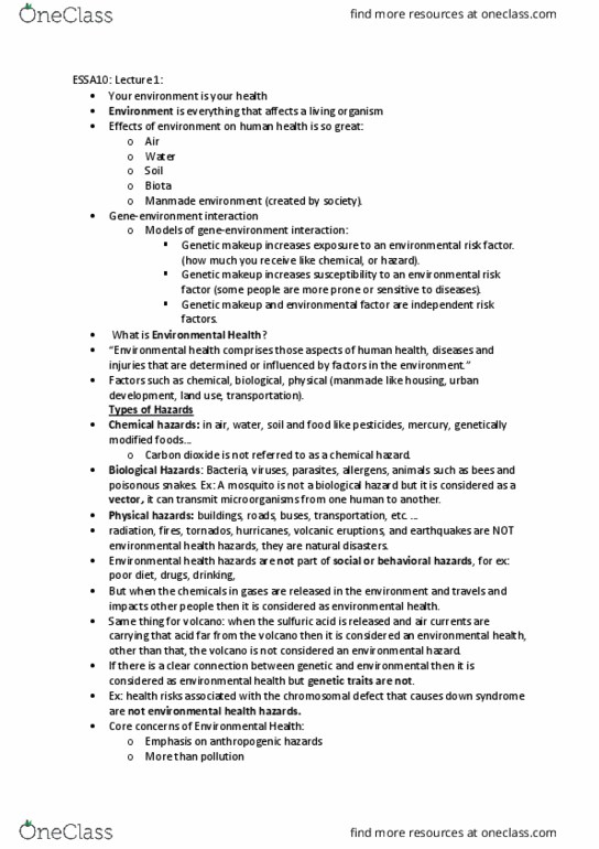 EESA10H3 Lecture Notes - Lecture 1: Chemical Hazard, Particulates, Environmental Health thumbnail