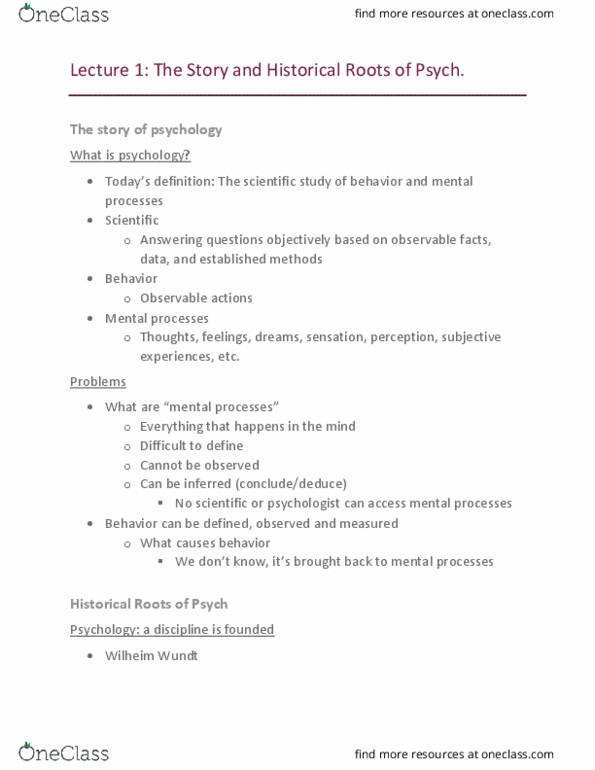 PSY 1101 Lecture Notes - Lecture 1: Sigmund Freud, Cognitive Psychology, Wilhelm Wundt thumbnail