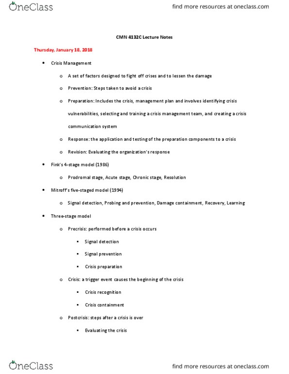 CMN 4132 Lecture Notes - Lecture 1: Crisis Management, Crisis Communication thumbnail