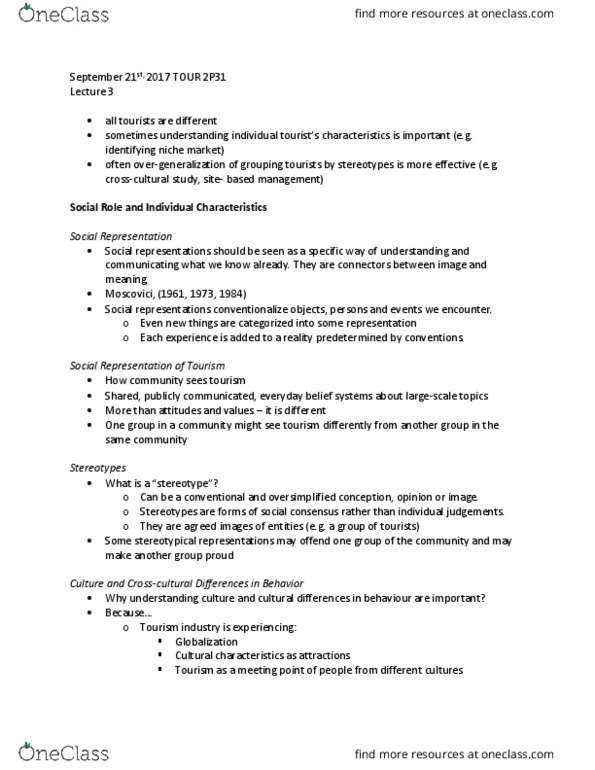 TOUR 2P31 Lecture Notes - Lecture 3: Niche Market, Behaviorism, Trait Theory thumbnail