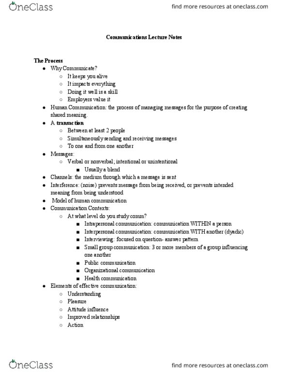 COMM 1000 Lecture Notes - Lecture 1: Health Communication, Organizational Communication, Interpersonal Communication thumbnail