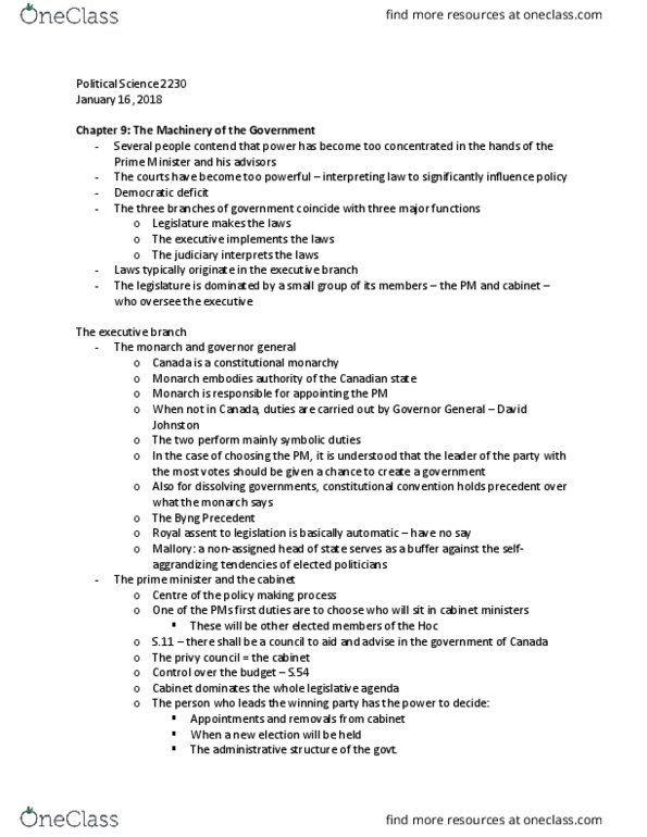 Political Science 2230E Chapter Notes - Chapter 9: United Kingdom Cabinet Committee, Royal Assent, Responsible Government thumbnail