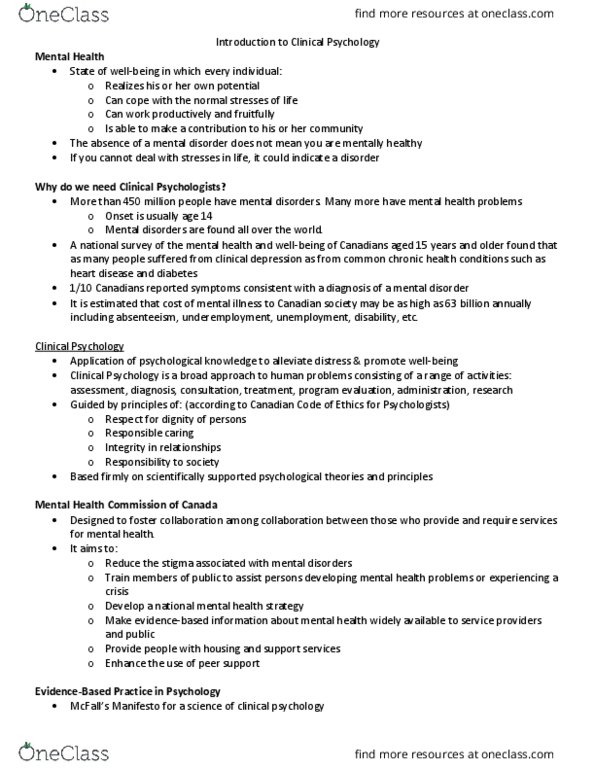 PSY 335 Lecture Notes - Lecture 1: Major Depressive Disorder, Mental Disorder, Time Management thumbnail