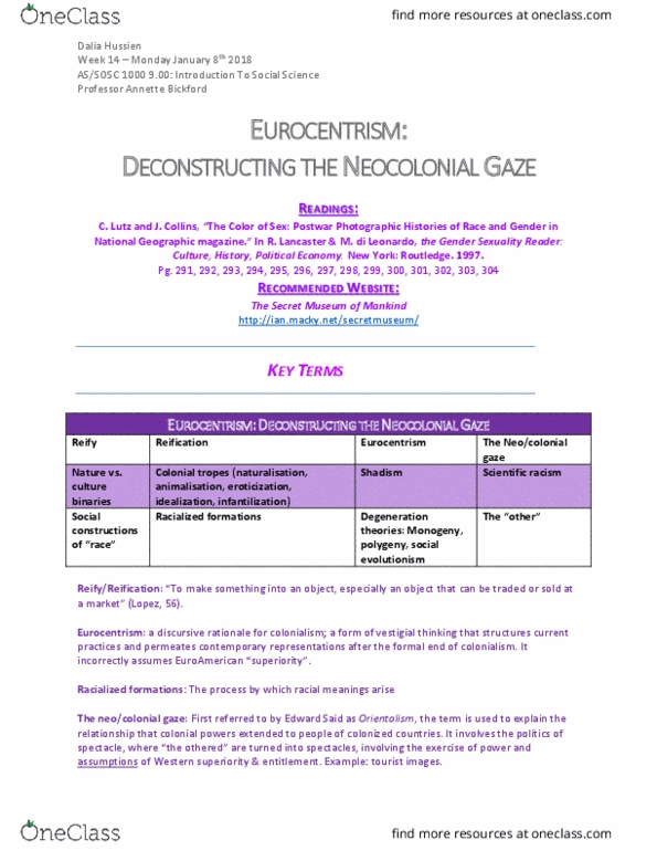 SOSC 1000 Lecture 14: Week 14 - Eurocentrism - Deconstructing the Neocolonial Gaze thumbnail