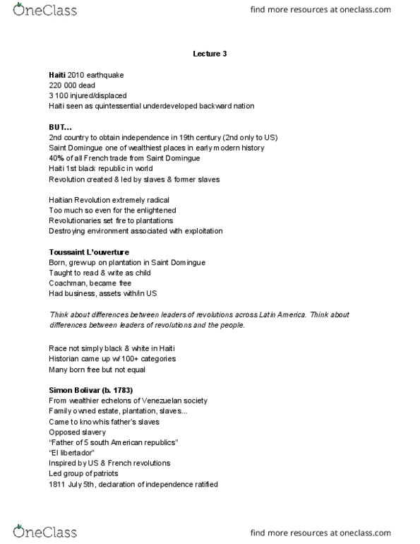 HIST 8B Lecture Notes - Lecture 3: Saint-Domingue, Toussaint Louverture thumbnail