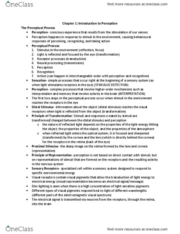 PSYC 3270 Chapter Notes - Chapter 1: Visual Cortex, Cerebral Cortex, Agnosia thumbnail