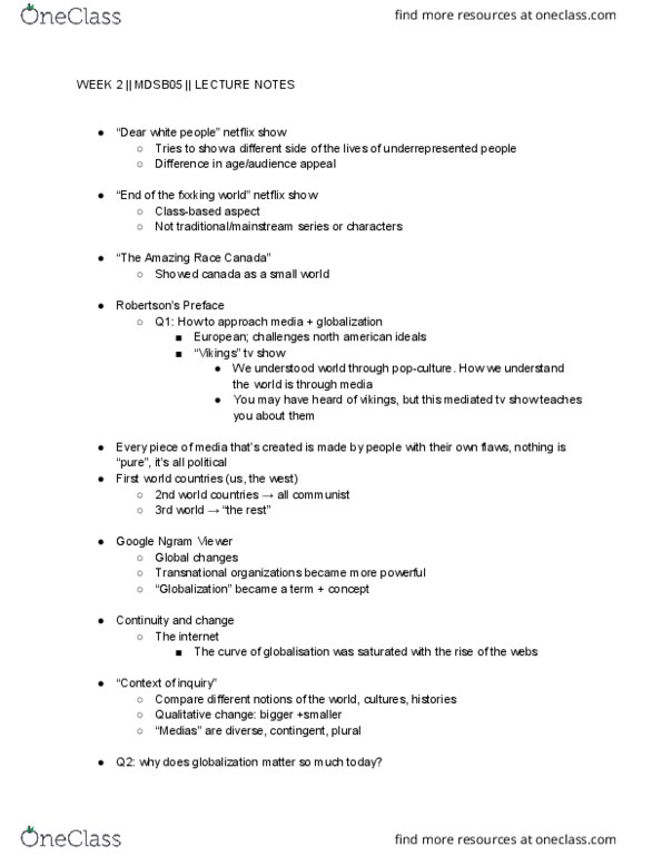 MDSB05H3 Lecture Notes - Lecture 2: Economic Globalization, The Amazing Race Canada, Google Ngram Viewer thumbnail
