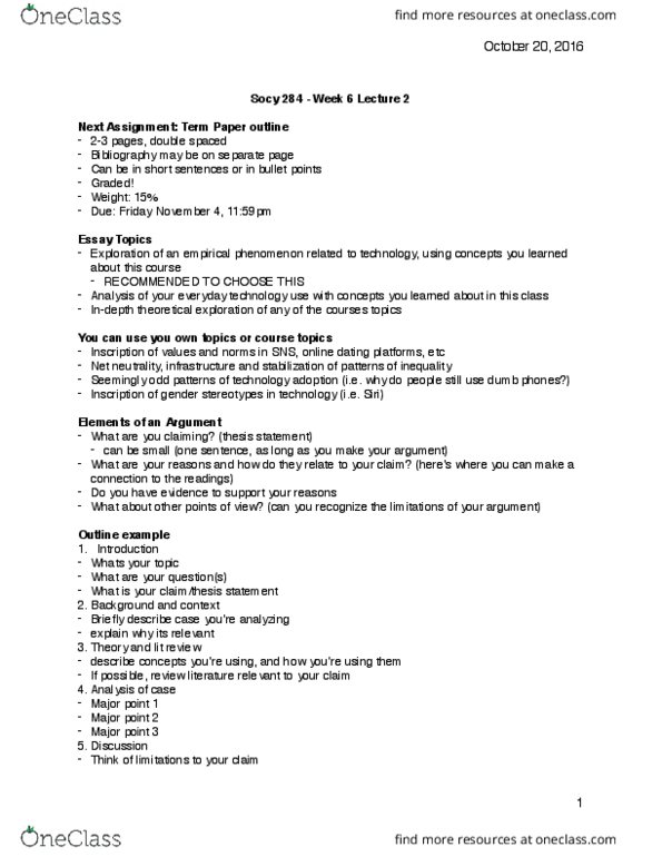 SOCY 284 Lecture Notes - Lecture 6: Symbolic Interactionism, Net Neutrality, Thesis Statement thumbnail