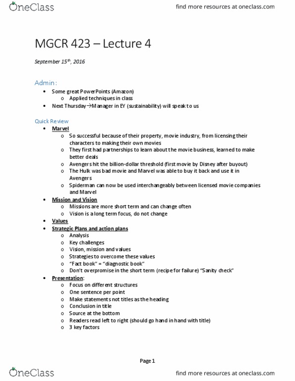 MGCR 423 Lecture Notes - Lecture 4: Analysis Paralysis, Swot Analysis thumbnail