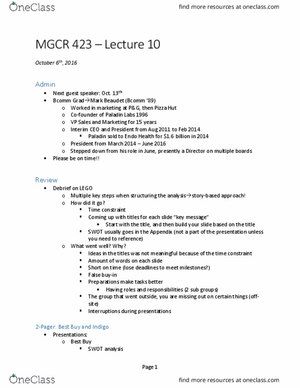 MGCR 423 Lecture Notes - Lecture 10: Competitive Intelligence, Reverse Engineering, Pizza Hut thumbnail