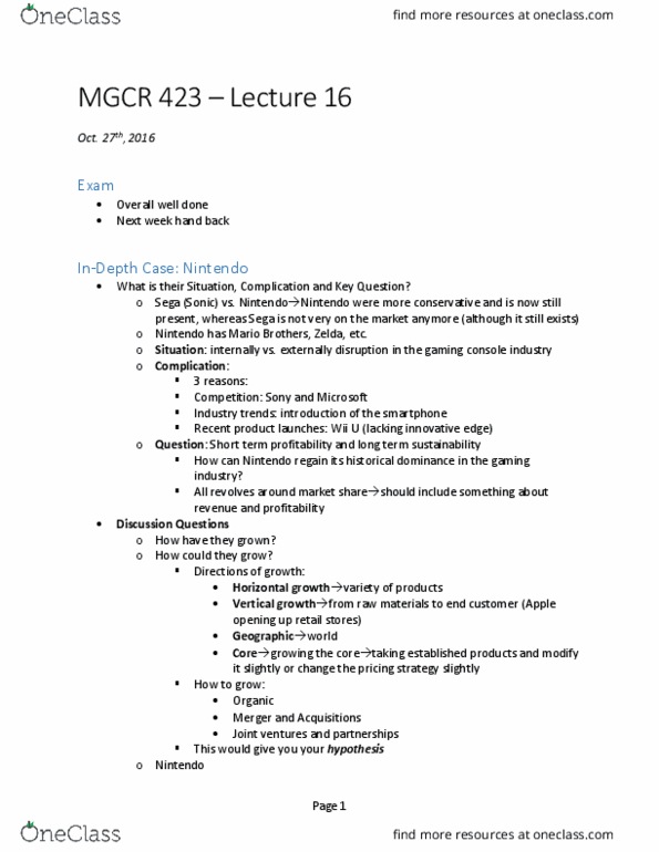 MGCR 423 Lecture Notes - Lecture 16: Core Competency, Commencement Speech, Wii U thumbnail