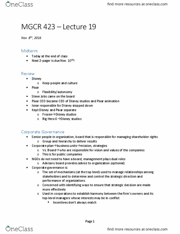 MGCR 423 Lecture Notes - Lecture 19: Shared Services, Fiduciary, Takeover thumbnail