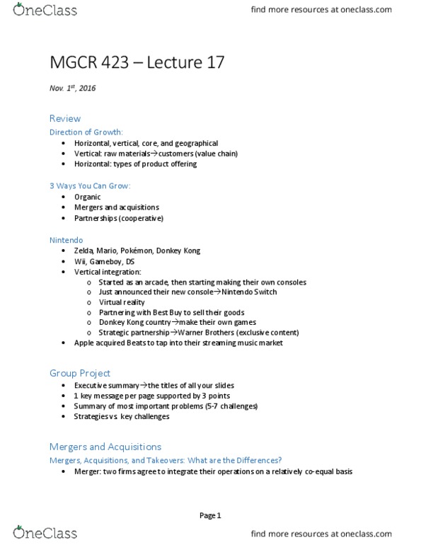 MGCR 423 Lecture Notes - Lecture 17: Joint Venture, Coopetition, Leveraged Buyout thumbnail