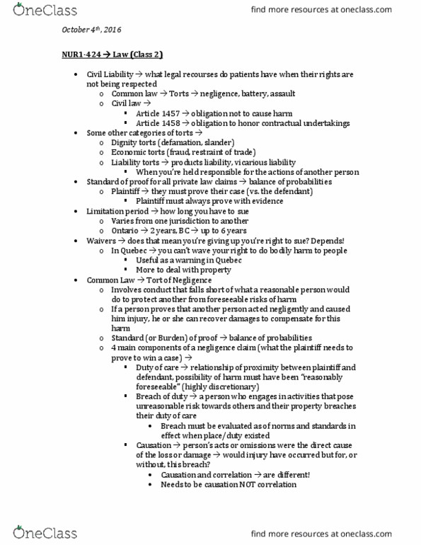 NUR1 424 Lecture Notes - Lecture 5: Criminal Negligence, Hypocalcaemia, Superior Court thumbnail