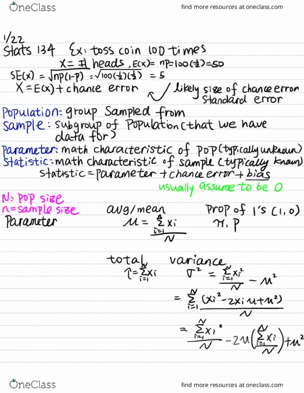 STAT 135 Lecture Notes - Lecture 2: Standard Error thumbnail