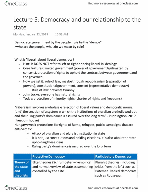 POL S101 Lecture Notes - Lecture 5: Liberal Democracy, Limited Government, Deliberative Democracy thumbnail