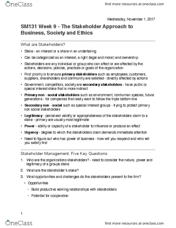 SMG SM 131 Lecture Notes - Lecture 9: Root Mean Square, Strategic Management, Stakeholder Management thumbnail