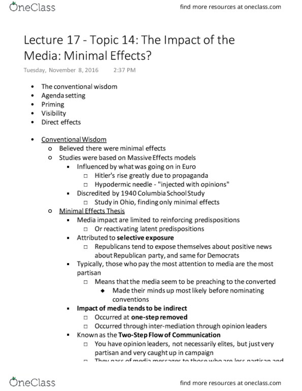 POLI 412 Lecture Notes - Lecture 17: Critical Role, Media Play, Hypodermic Needle thumbnail