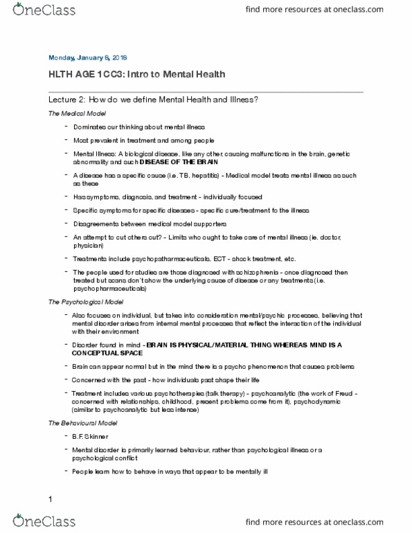 HLTHAGE 1CC3 Lecture Notes - Lecture 2: Wheeze, Biopsychosocial Model, Mental Disorder thumbnail