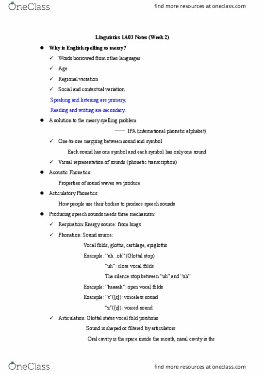 LINGUIST 1A03 Lecture Notes - Lecture 2: Articulatory Phonetics, Vocal Folds, Phonetic Transcription thumbnail