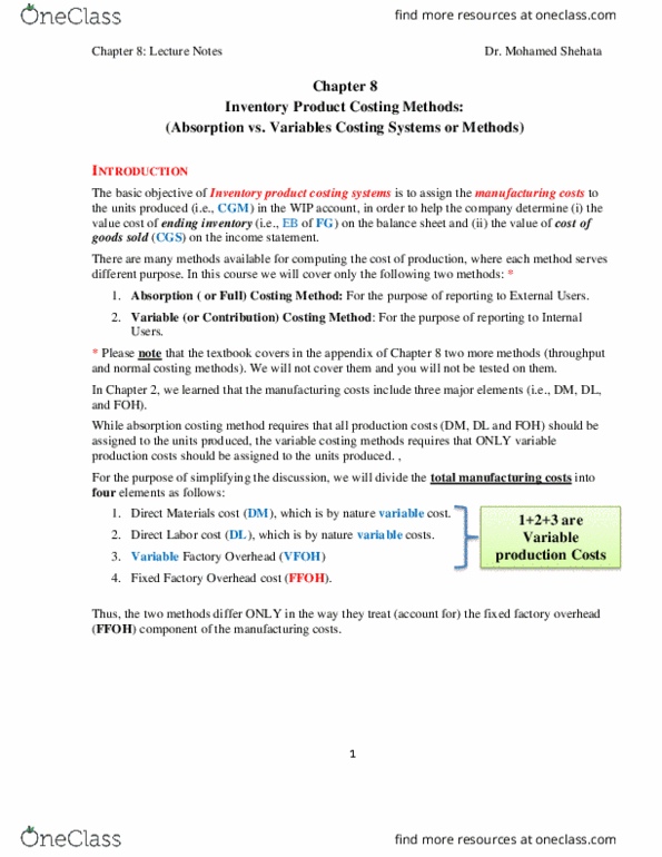 COMMERCE 2AB3 Lecture Notes - Lecture 2: Earnings Before Interest And Taxes, Direct Labor Cost, Total Absorption Costing thumbnail