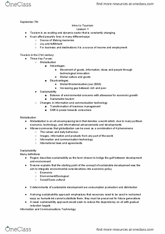 TOUR 1P91 Lecture Notes - Lecture 1: Sustainable Tourism, Westernization, Computer Hardware thumbnail