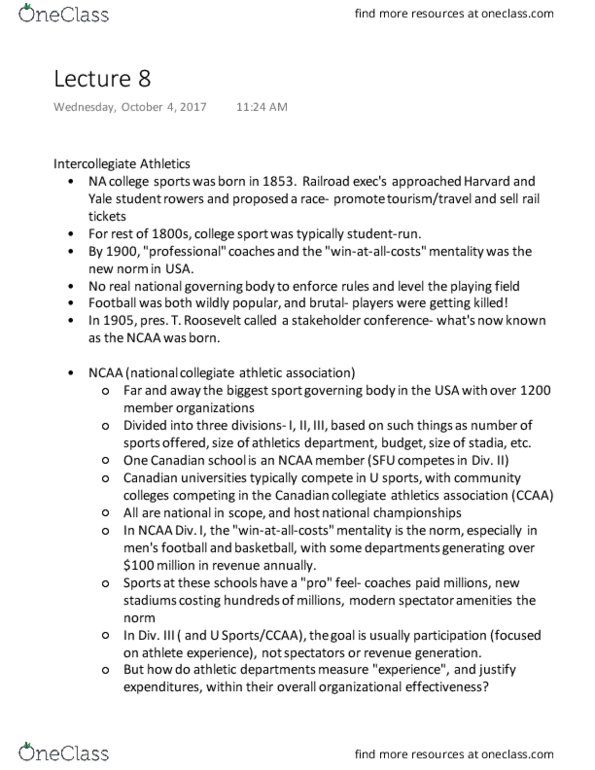 SPMA 1P91 Lecture Notes - Lecture 8: Seneca College, College Athletics, List Of Universities In Canada thumbnail
