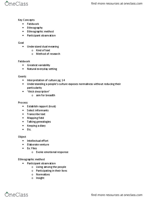 ANTH 195 Lecture Notes - Lecture 3: Ethnography, Thick Description, Participant Observation thumbnail