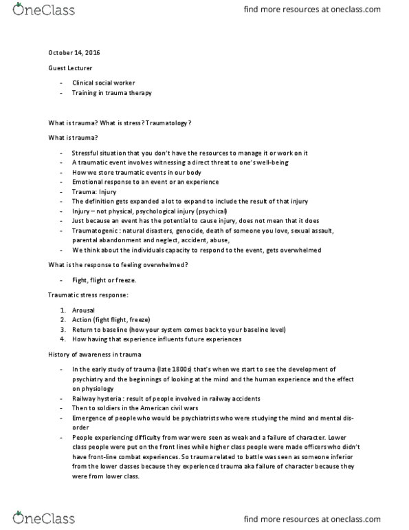 SWRK 424 Lecture Notes - Lecture 5: Complex Post-Traumatic Stress Disorder, Combat Stress Reaction, Dsm-5 thumbnail