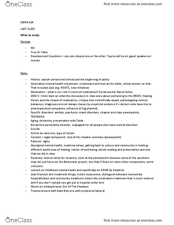 SWRK 424 Lecture Notes - Lecture 11: Borderline Personality Disorder, Medicine Wheel, Pharmaceutical Industry thumbnail