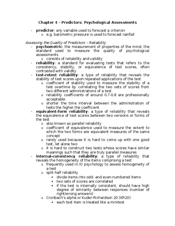 Psychology 2060 Chapter 4: Chapter 4 Notes This is for Psych 2060, taken online, for the Muchinsky 9th Ed. textbook. These are very detailed and easy to understand notes on Chapter 4 that I made myself. Headings and bullets make it easy to read, and I assure you there is enough thumbnail