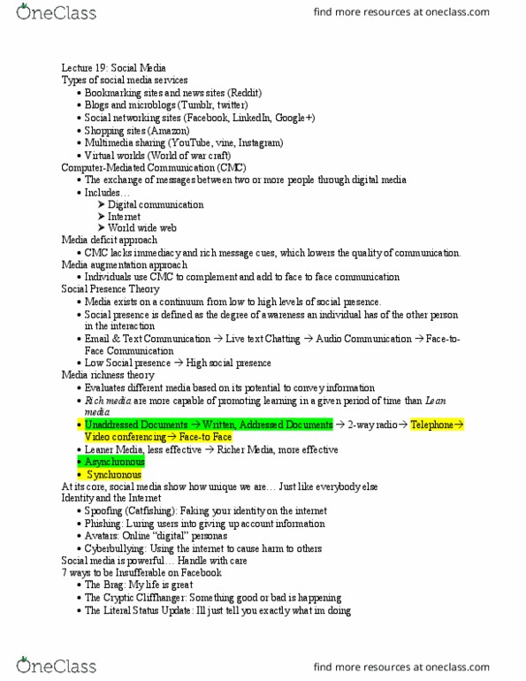 COMM 1000 Lecture Notes - Lecture 19: Microsoft Powerpoint, Media Richness Theory, Social Presence Theory thumbnail